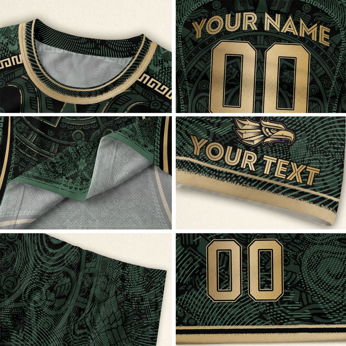 Camiseta de fútbol de México para niños personalizada, diseño de calendario azteca, verde oscuro y dorado