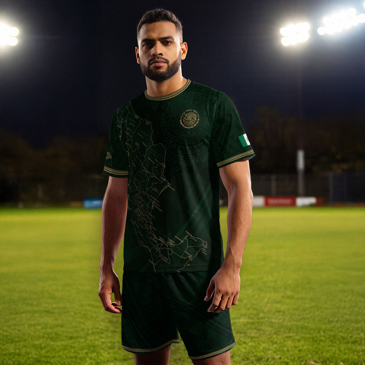 Camiseta de fútbol con diseño del mapa verde de México y orgullo azteca