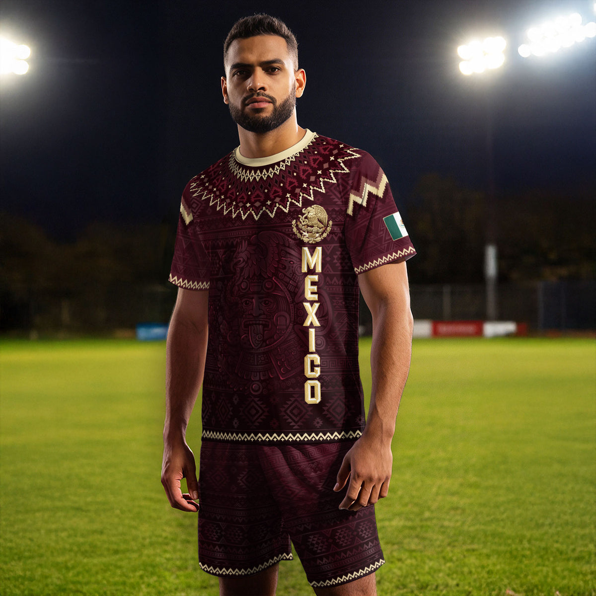 Mexico Heritage Soccer Jersey, Maroon Burgundy Gold Aztec Eagle Design Sports Jersey for Men