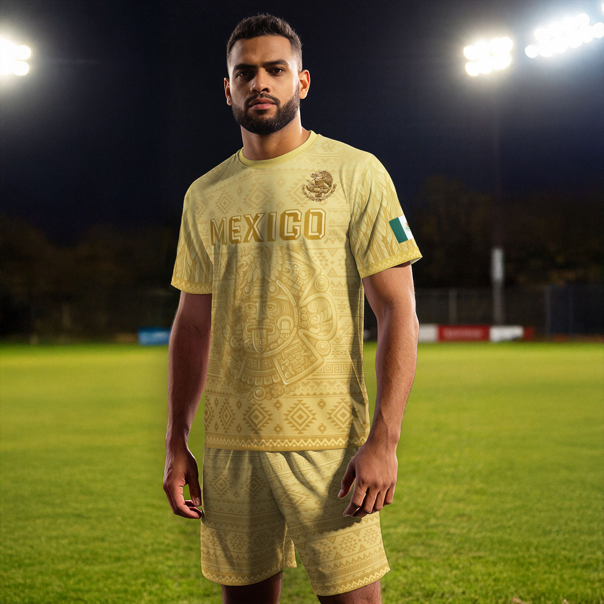Mexico Heritage Soccer Jersey, Yellow Gold Aztec Calendar Design Sports Jersey for Men