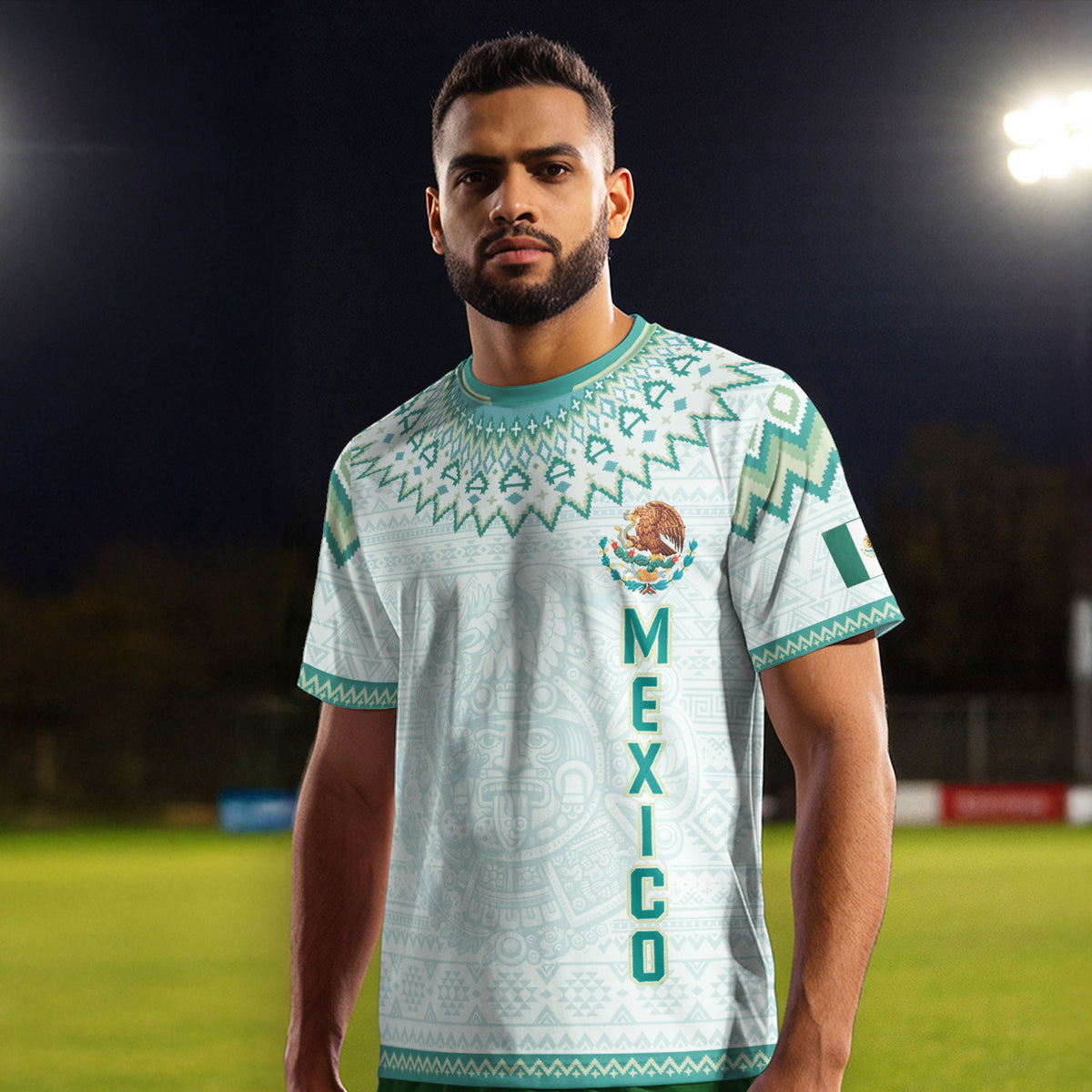 Mexico Soccer Jersey Men Aztec Calendar White Teal Adult Football Shirt Sportswear Tee