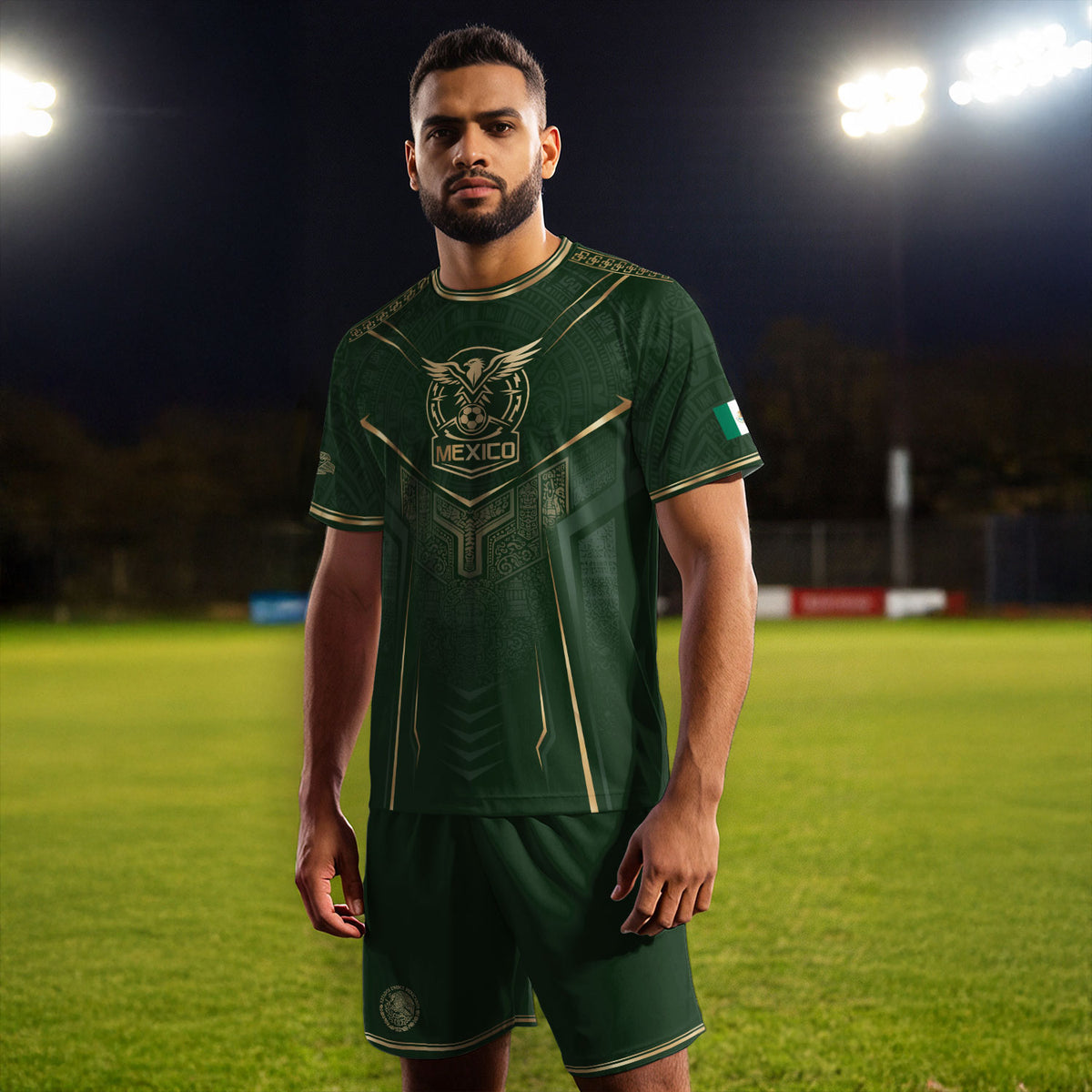 Camiseta de fútbol premium con emblema de águila azteca verde y dorado de México