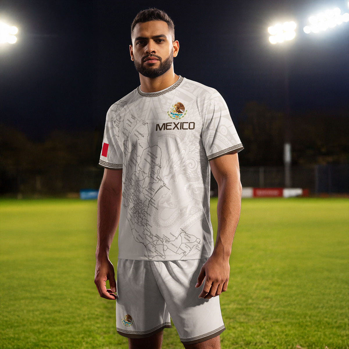 Camiseta de fútbol premium con emblema de águila azteca verde y dorado de México