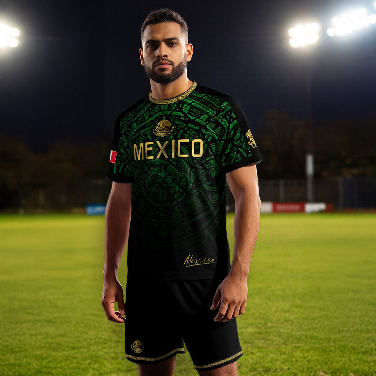 Mexico Soccer Jersey Green Black Aztec Sun Stone - Mexico Fan Heritage Style Shirt