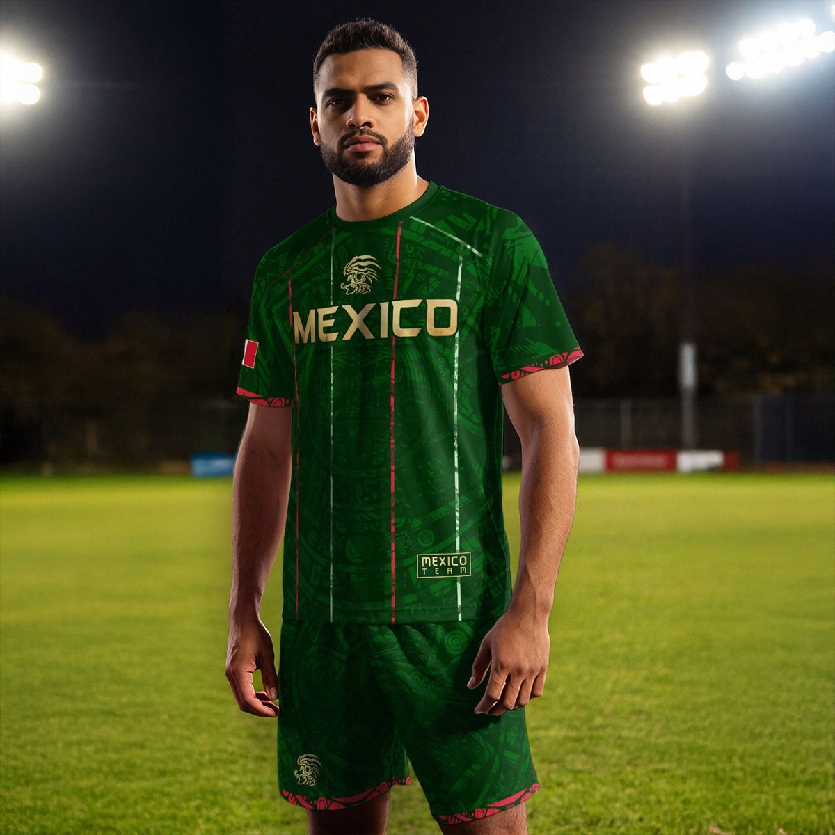 Camiseta de fútbol premium con emblema de águila azteca verde y dorado de México