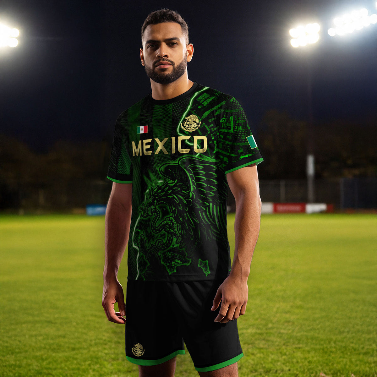 Camiseta de fútbol premium con emblema de águila azteca verde y dorado de México