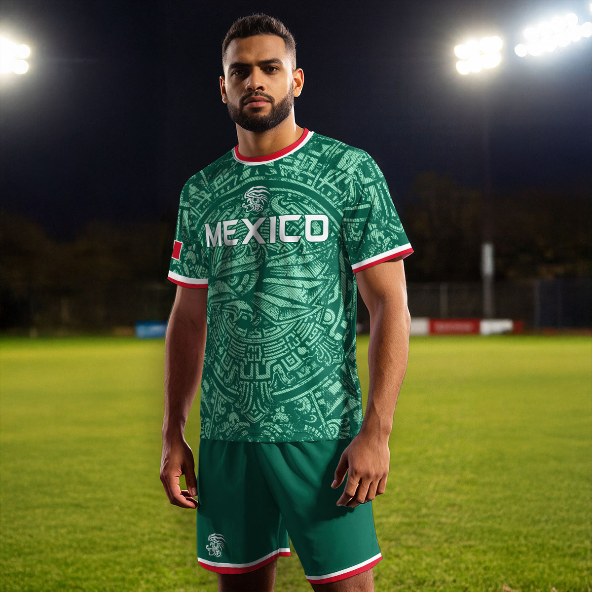 Camiseta de fútbol premium con emblema de águila azteca verde y dorado de México