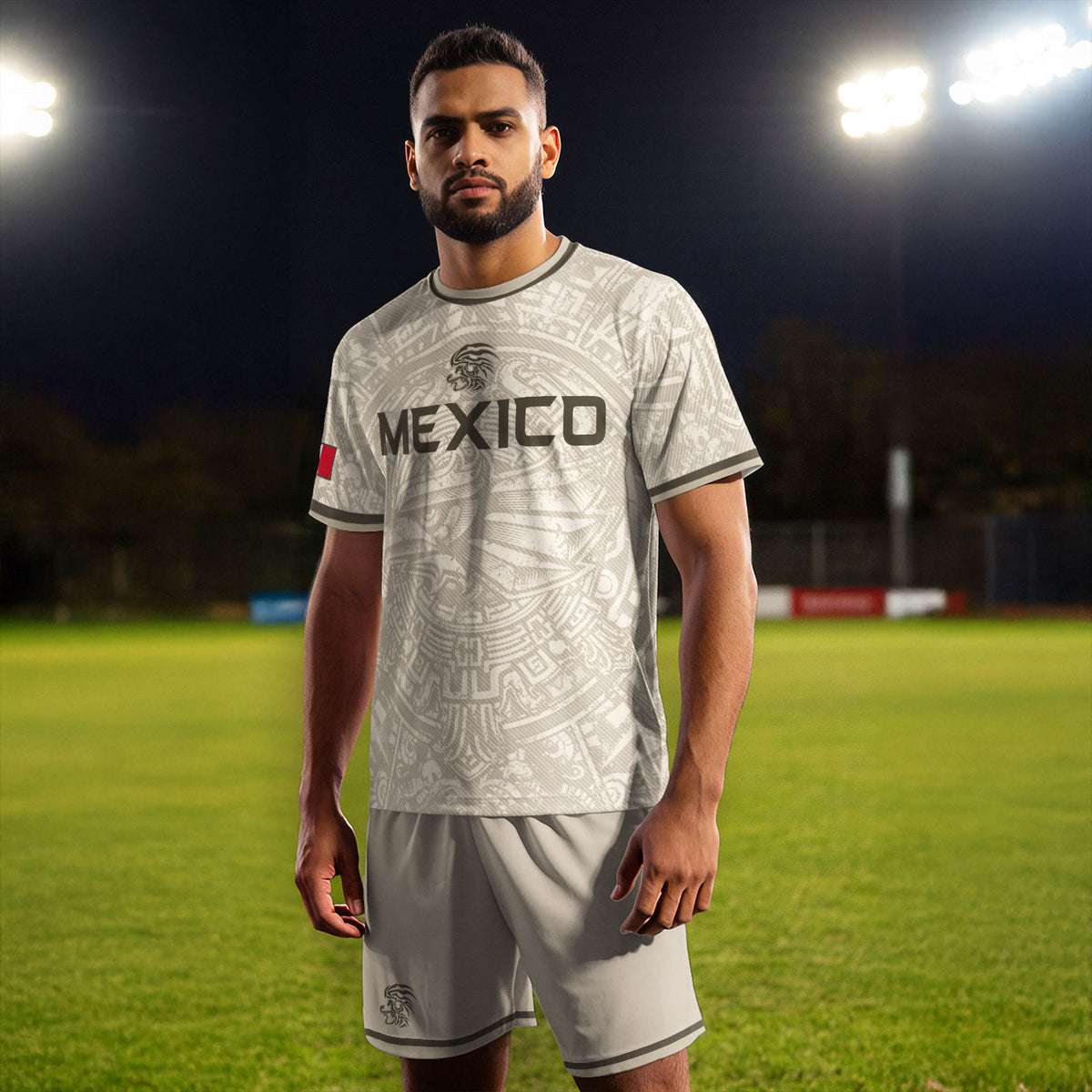 Camiseta de fútbol premium con emblema de águila azteca verde y dorado de México