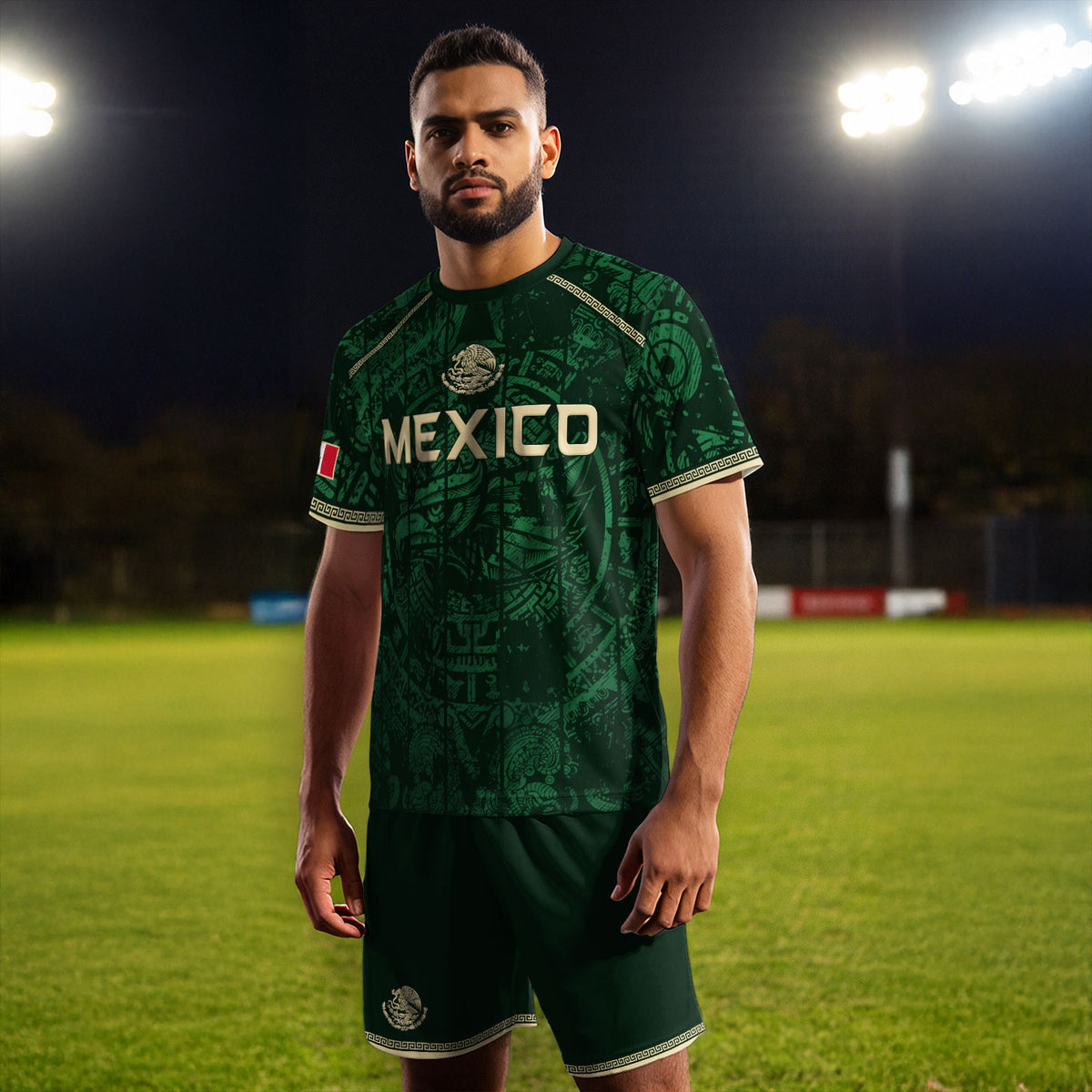 Mexico Soccer Jersey Green Eagle Crest - Aztec Sun Stone Heritage Fan Football Men Shirt