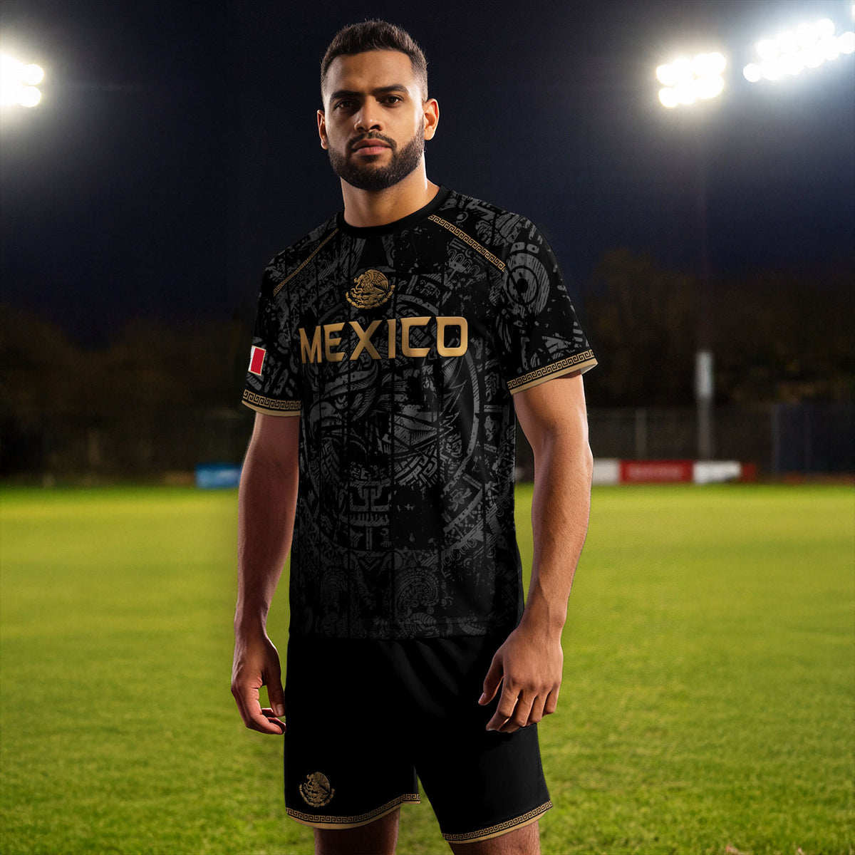 Mexico Soccer Jersey Black Eagle Crest - Aztec Sun Stone Heritage Fan Football Shirt