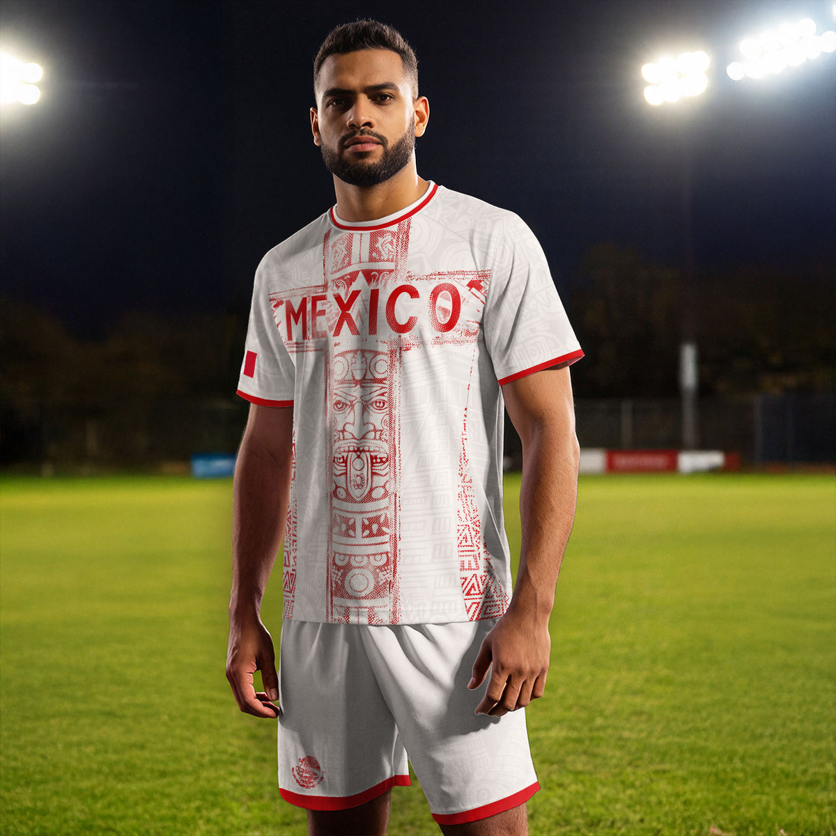 Camiseta de fútbol premium con emblema de águila azteca verde y dorado de México
