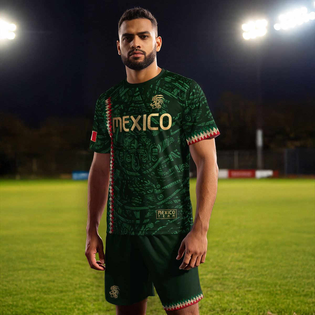 Mexico Soccer Jersey Green Gold Aztec Sun Stone - Mexico National Team Fan Heritage Shirt