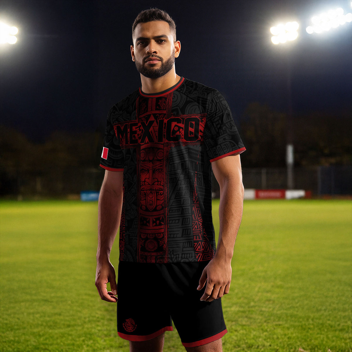 Mexico Soccer Jersey Men Black Red Aztec Cross Warrior Mexican Football Shirt