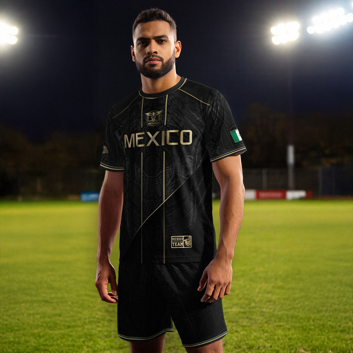 Camiseta de fútbol premium con emblema de águila azteca verde y dorado de México