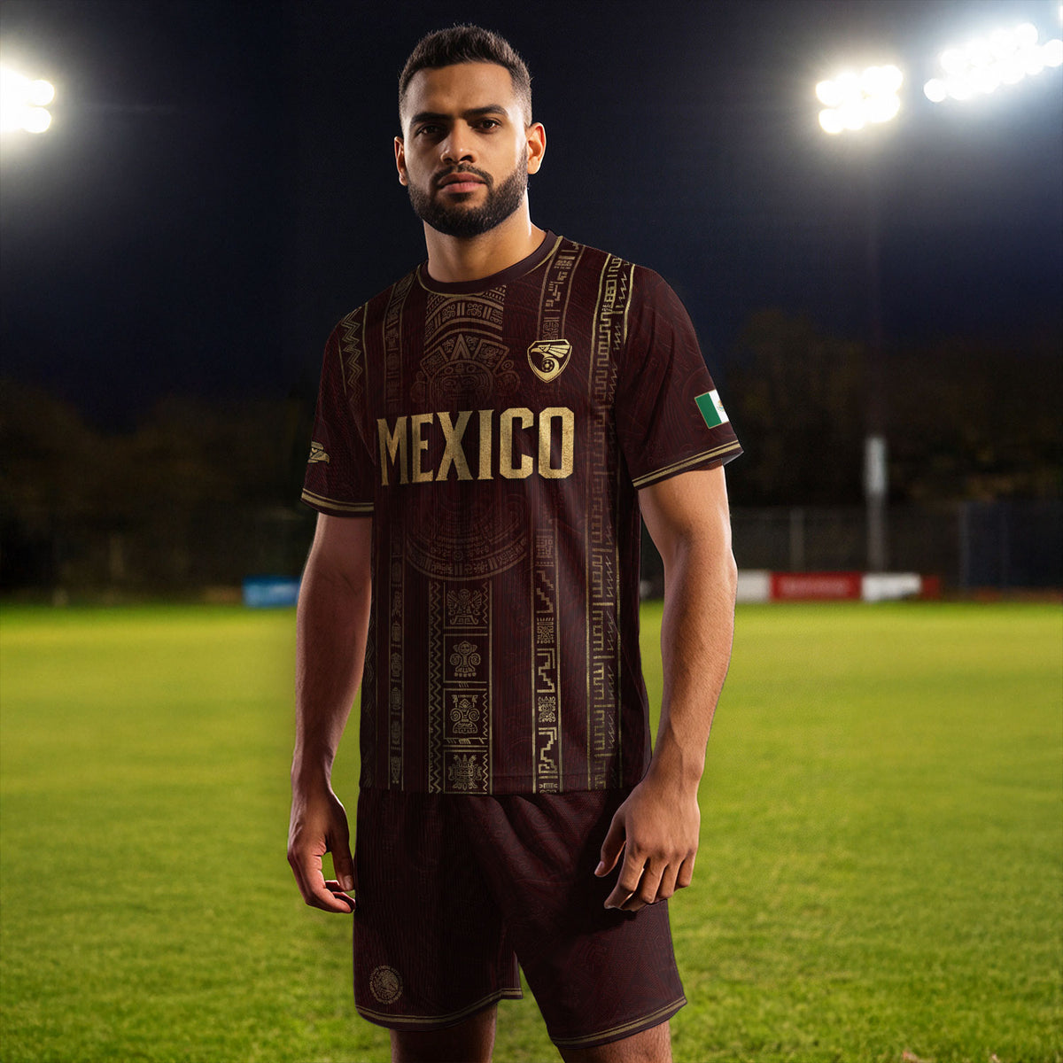 Camiseta de fútbol premium con emblema de águila azteca verde y dorado de México