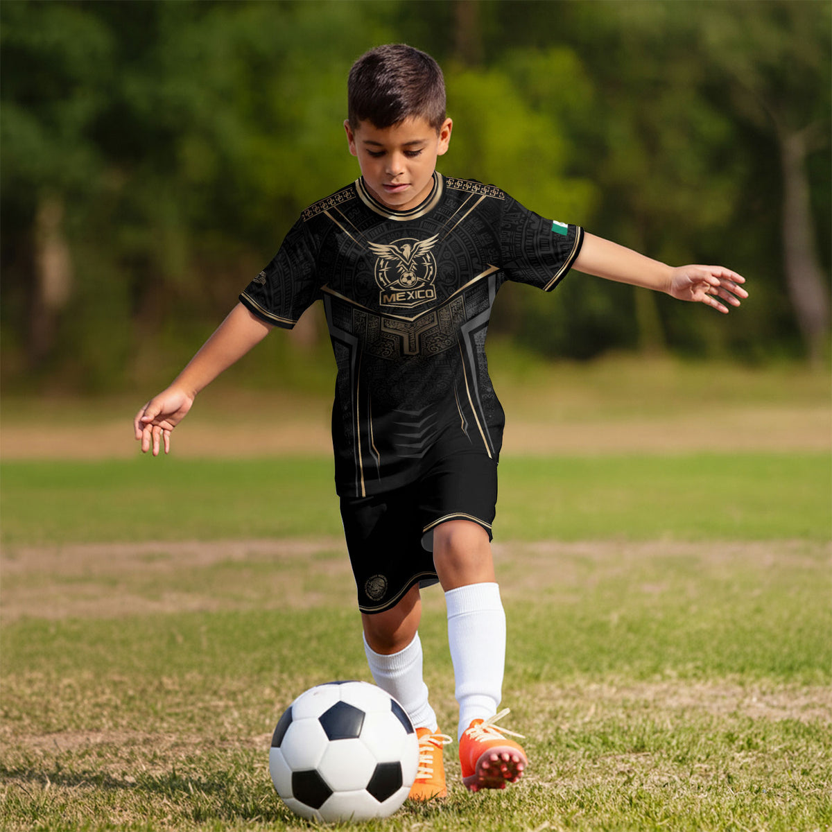 Camiseta de fútbol juvenil con estampado vertical del Águila Dorada Negra de México