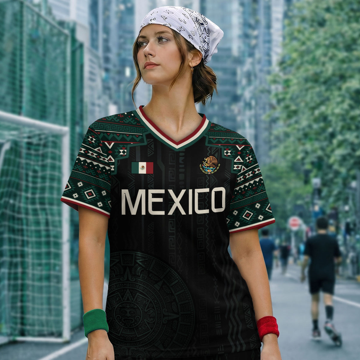 Mexico Soccer Jersey Black Edition V Neck Unisex Shirt Aztec Patterned Football Top