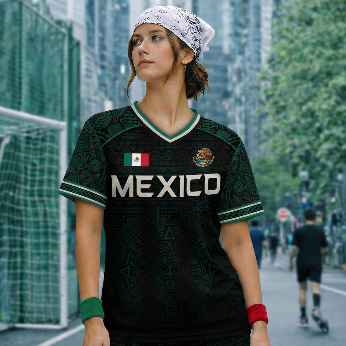 Mexico Soccer Jersey Dark Green V Neck Unisex Shirt Aztec Calendar Graphic Football Top