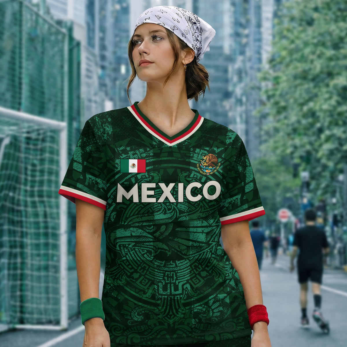 Mexico Soccer Jersey V Neck Unisex Green Shirt Aztec Warrior Eagle Pattern Football Apparel