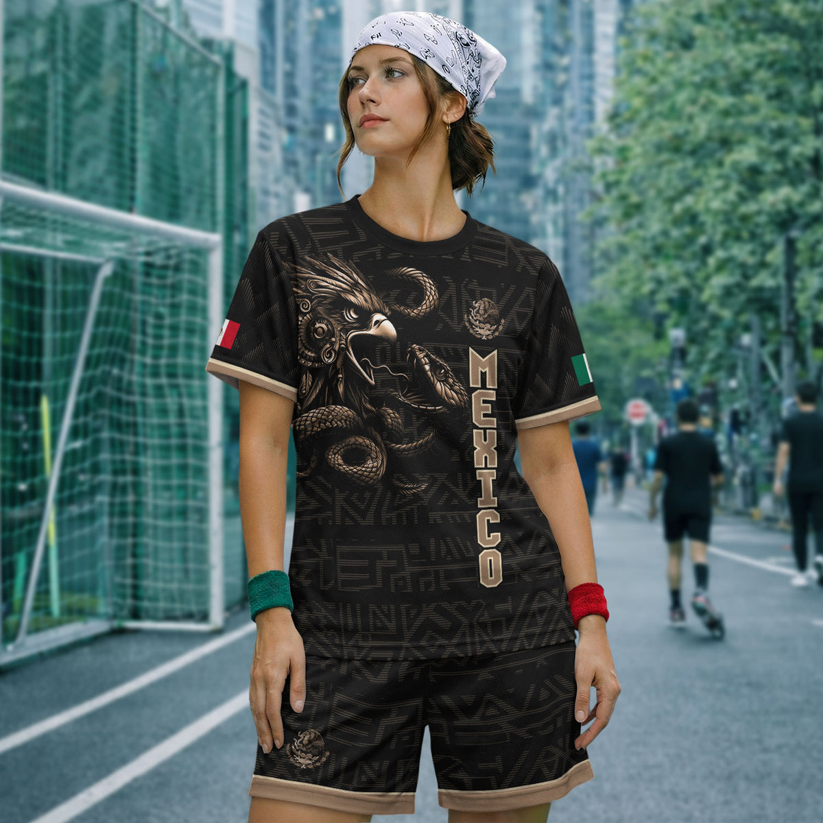 Camiseta de fútbol de México con diseño de águila y serpiente, color negro y dorado
