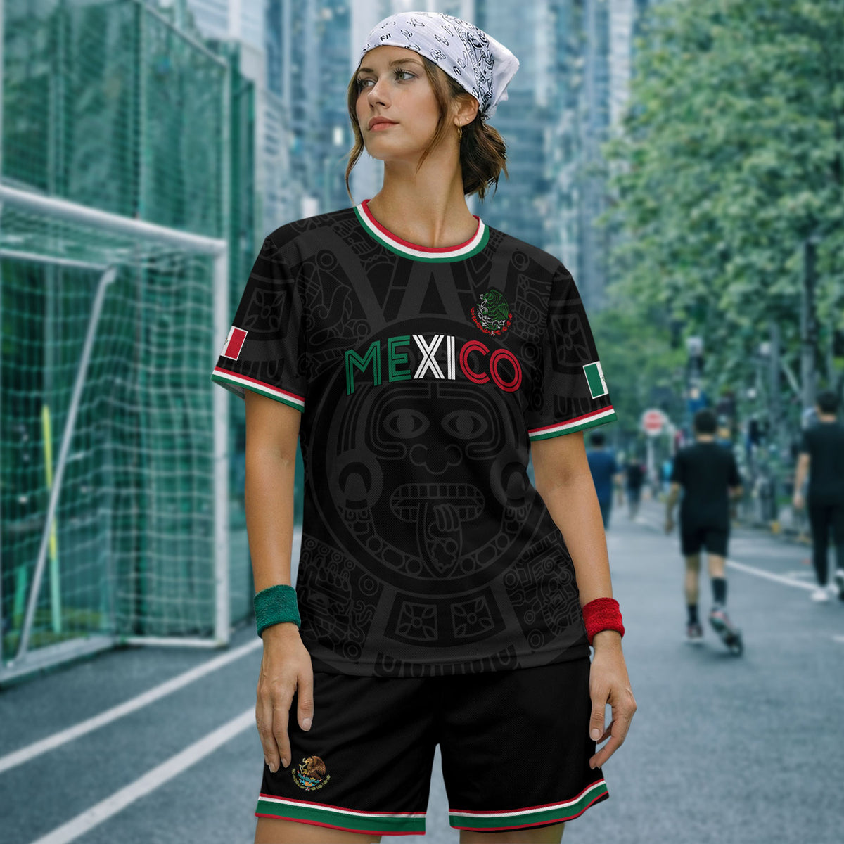 Soccer Jersey Mexico Black Aztec Pattern with Tricolor Accents