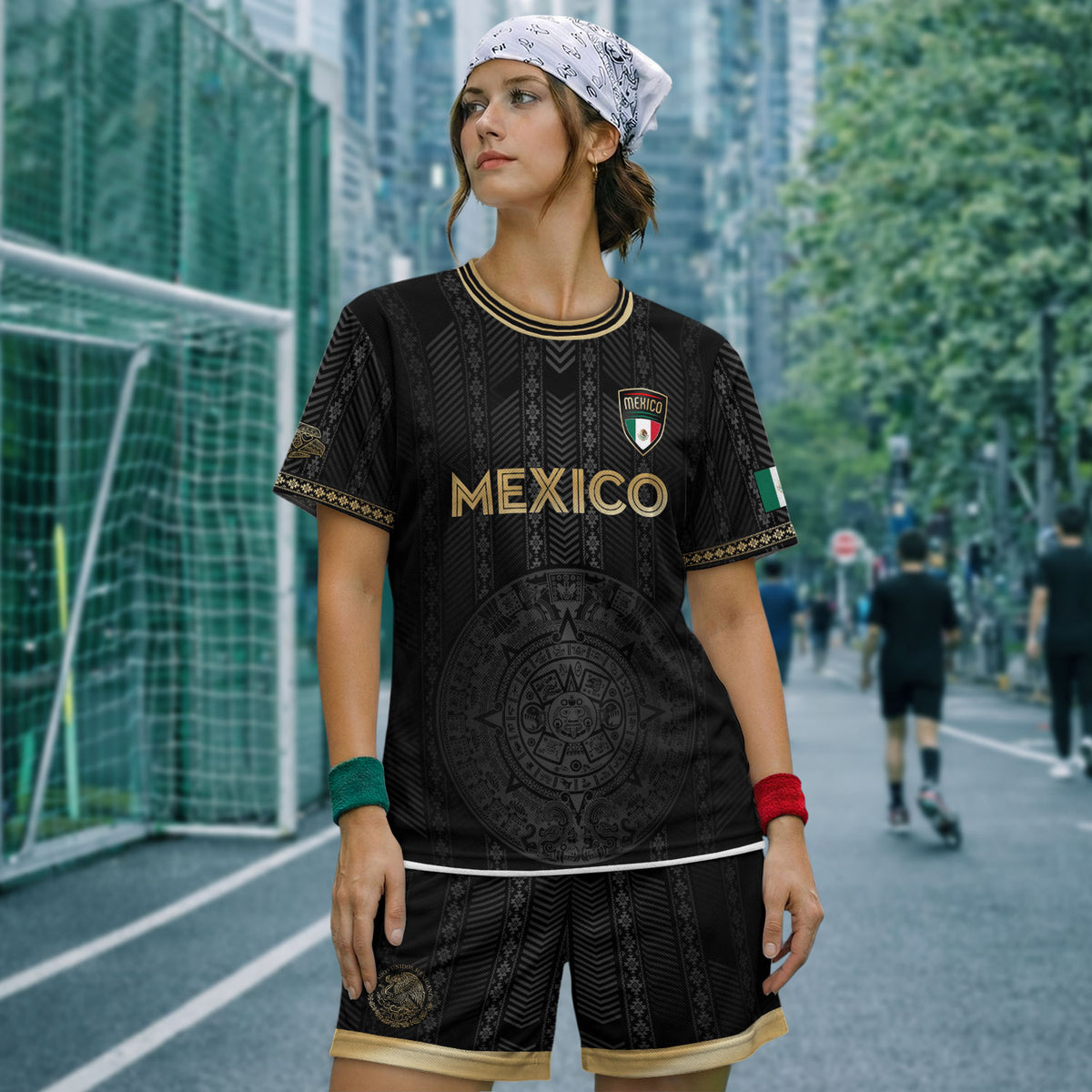 Camiseta de fútbol de México con diseño de calendario azteca, color negro y dorado