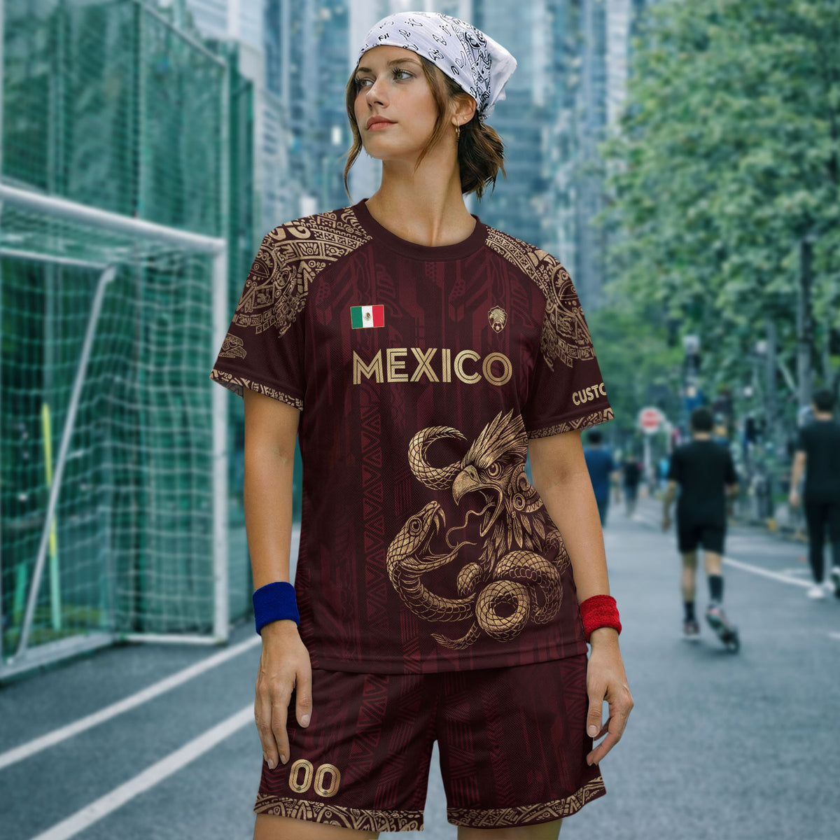 Camiseta de fútbol personalizada de México, color burdeos, águila y serpiente dorada