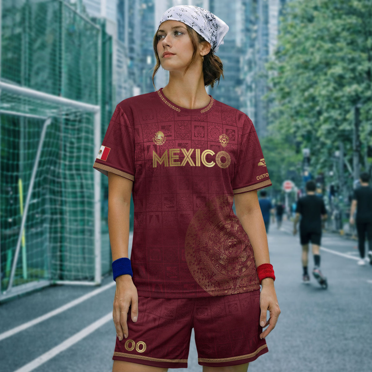 Camiseta de fútbol personalizada del calendario azteca dorado granate de México