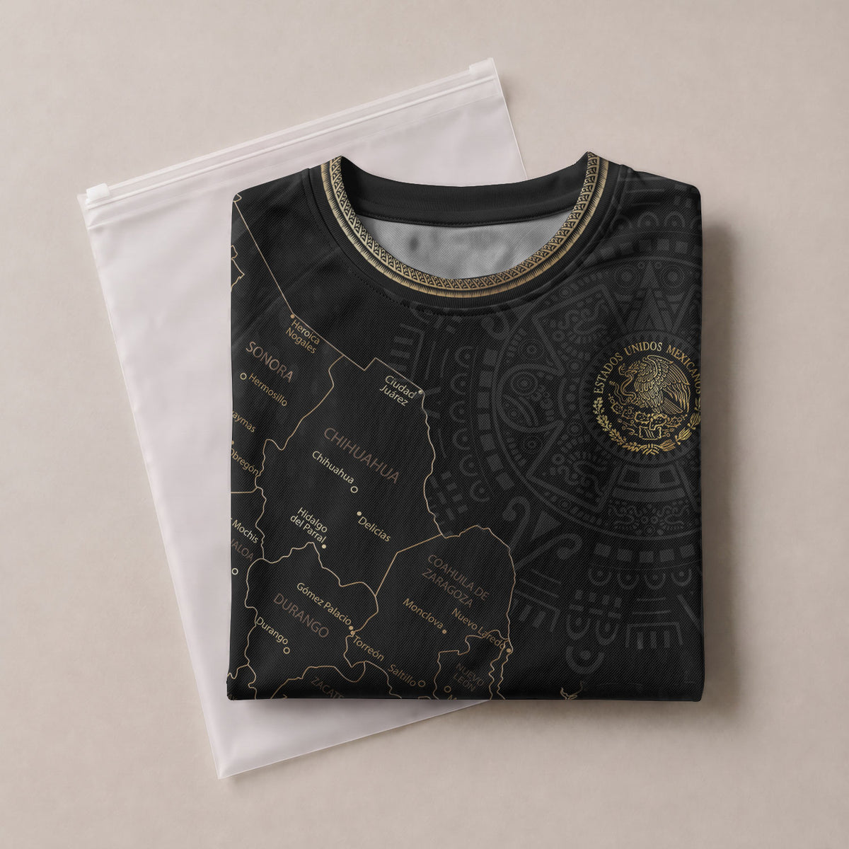 Camiseta de fútbol de México con diseño de mapa patrimonial de piedra solar azteca negra