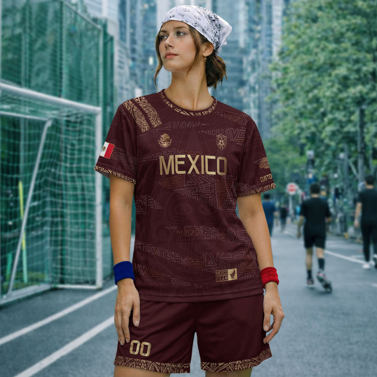 Camiseta de fútbol personalizada de México con herencia azteca, color granate y dorado