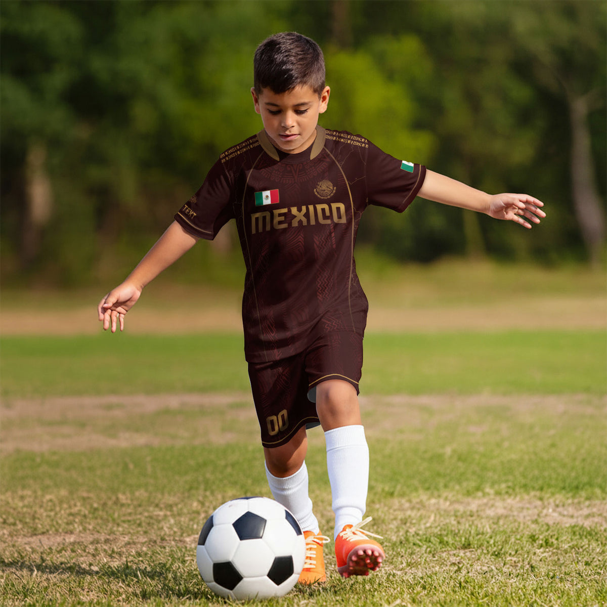 Camiseta de fútbol de México para niños personalizada, diseño de herencia azteca granate