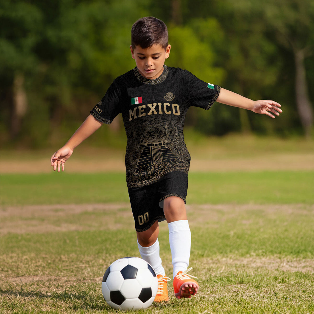 Camiseta de fútbol de México para niños personalizada, diseño de templo azteca negro y dorado