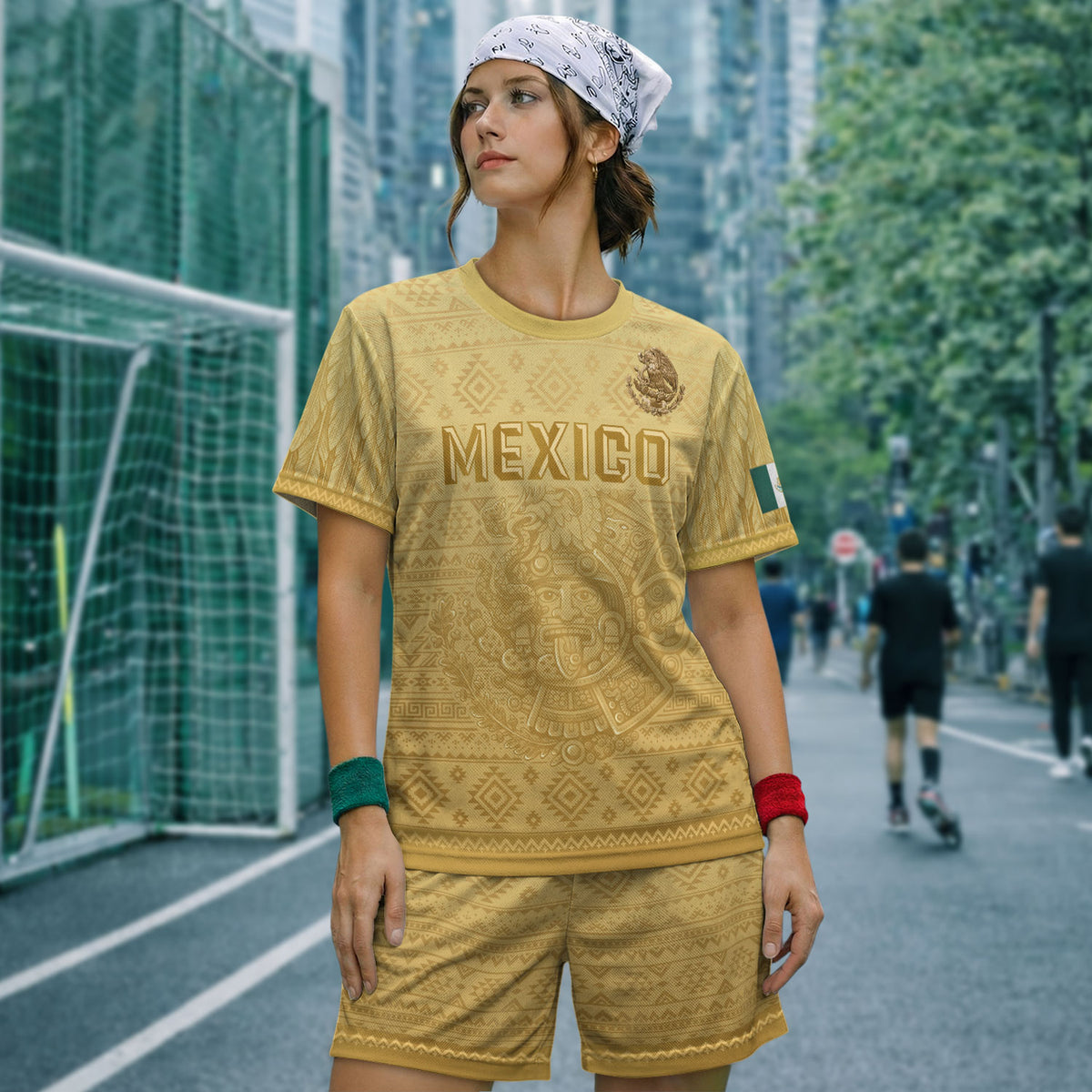 Mexico Heritage Soccer Jersey, Yellow Gold Aztec Calendar Design Sports Jersey for Men