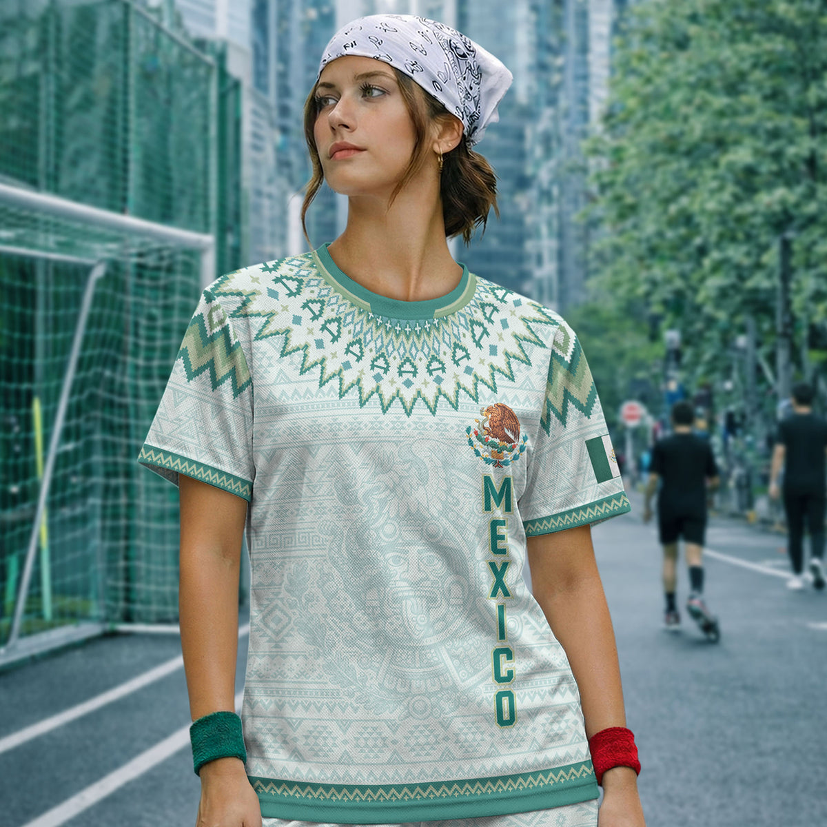 Mexico Soccer Jersey Men Aztec Calendar White Teal Adult Football Shirt Sportswear Tee
