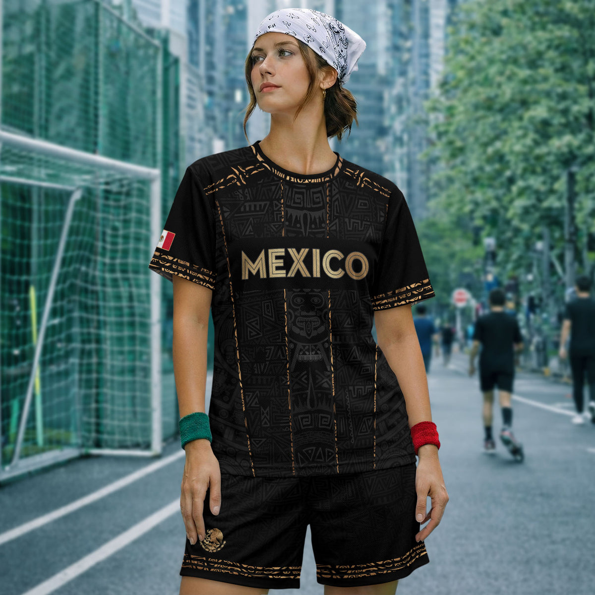 Camiseta de fútbol premium con emblema de águila azteca verde y dorado de México
