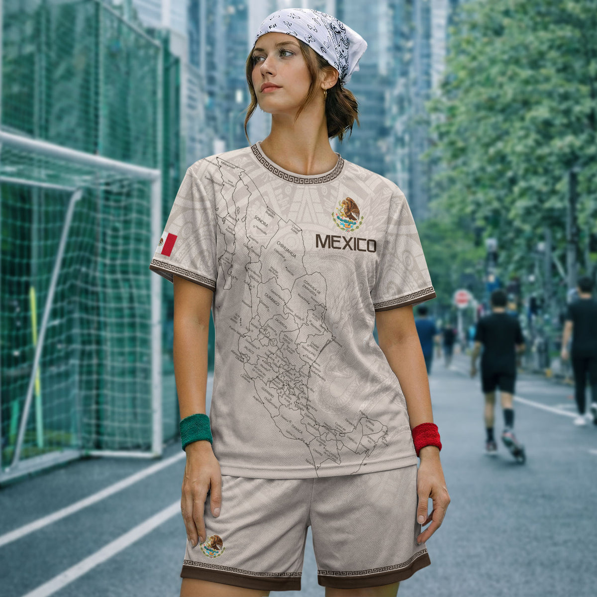 Camiseta de fútbol premium con emblema de águila azteca verde y dorado de México