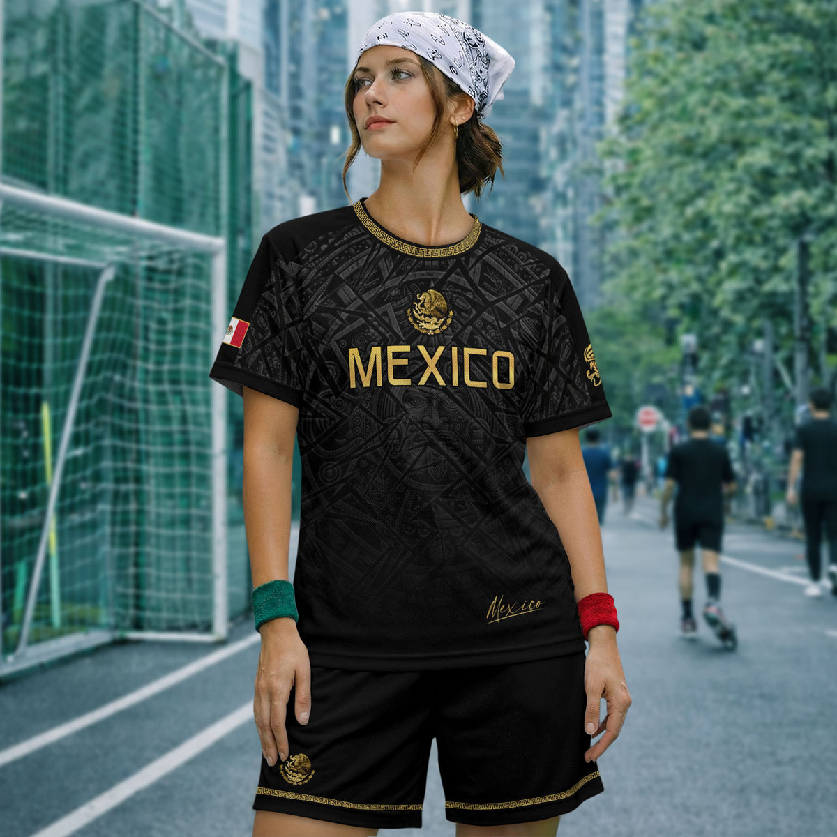 Camiseta de fútbol premium con emblema de águila azteca verde y dorado de México
