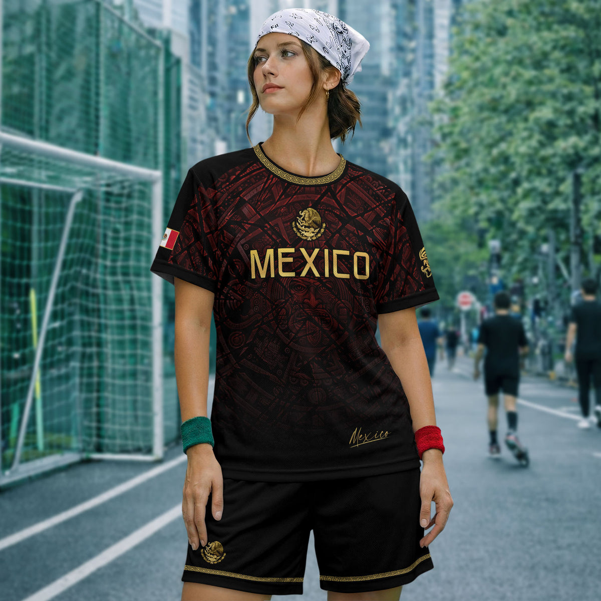Camiseta de fútbol premium con emblema de águila azteca verde y dorado de México