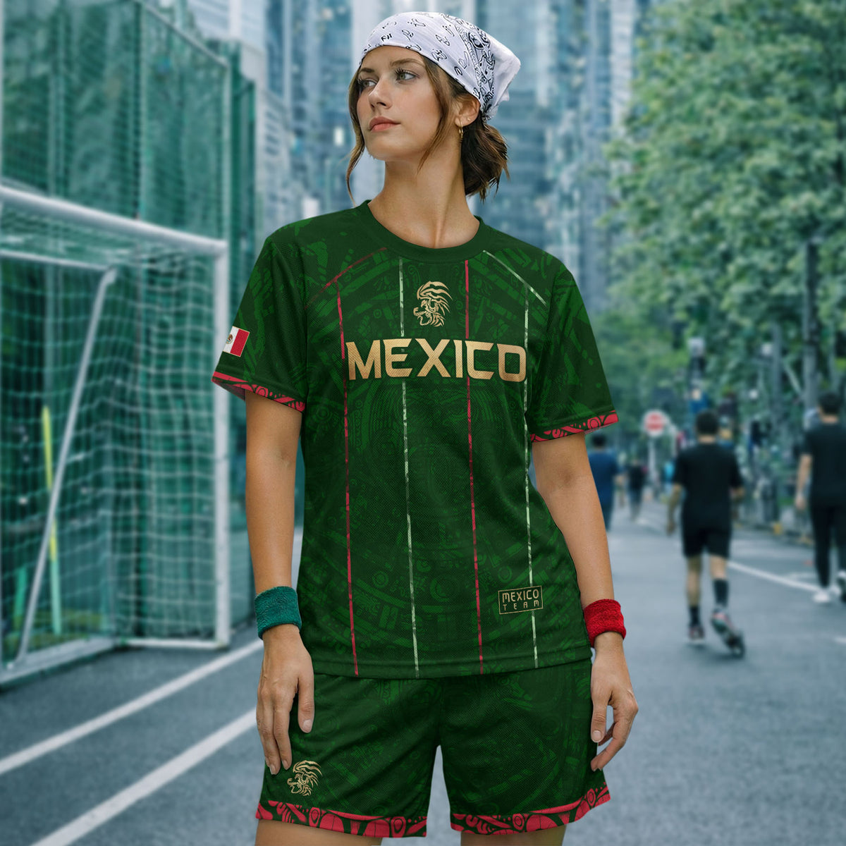 Camiseta de fútbol premium con emblema de águila azteca verde y dorado de México