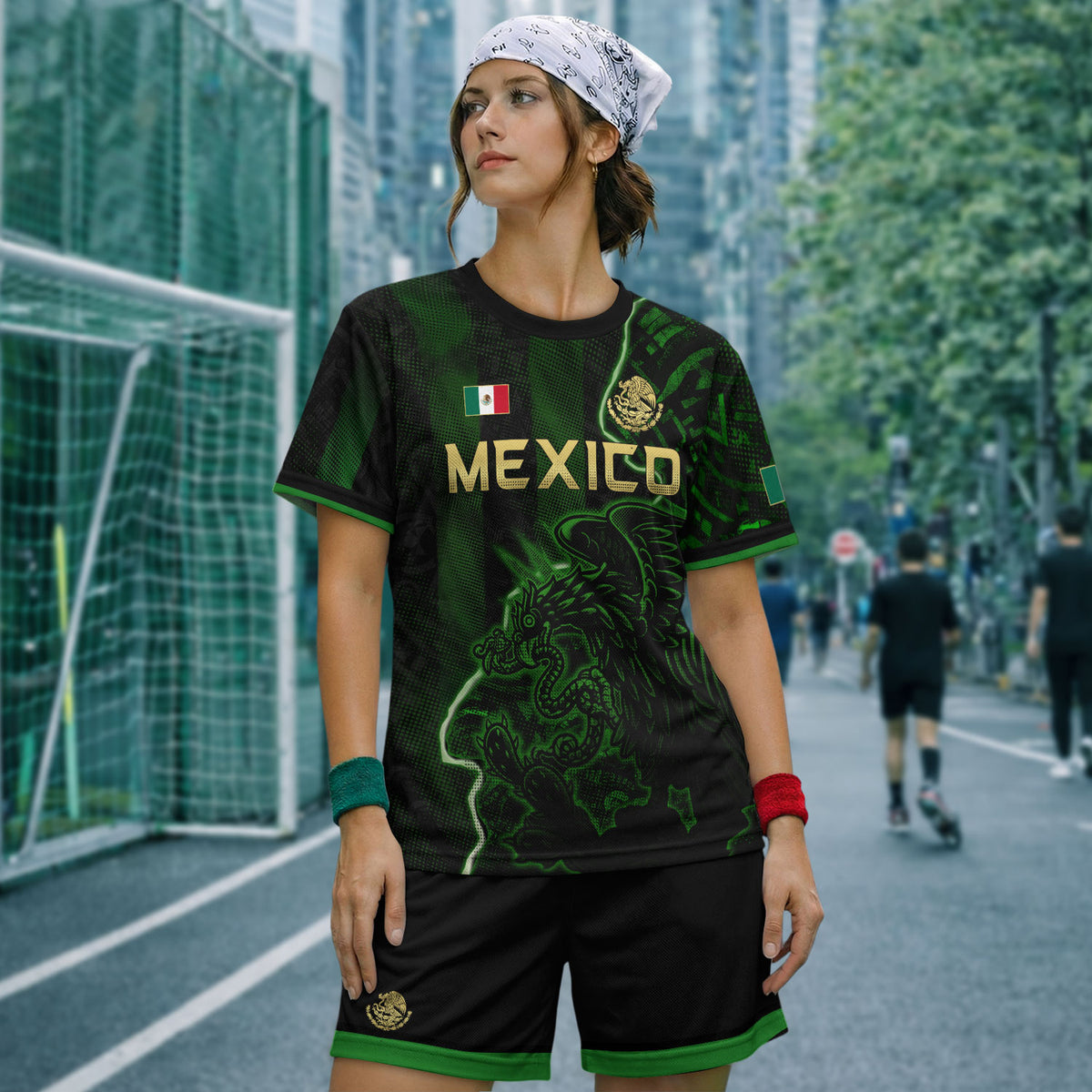 Camiseta de fútbol premium con emblema de águila azteca verde y dorado de México