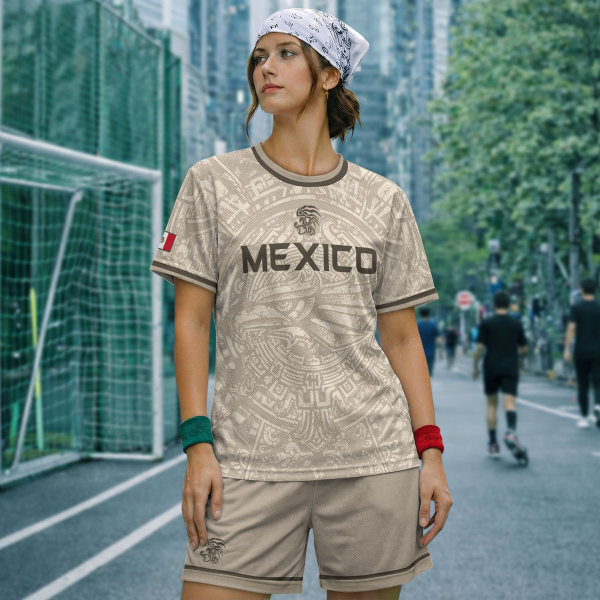 Camiseta de fútbol premium con emblema de águila azteca verde y dorado de México