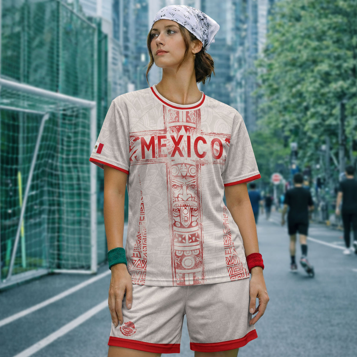 Camiseta de fútbol premium con emblema de águila azteca verde y dorado de México