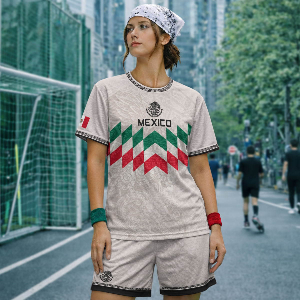 Camiseta de fútbol premium con emblema de águila azteca verde y dorado de México