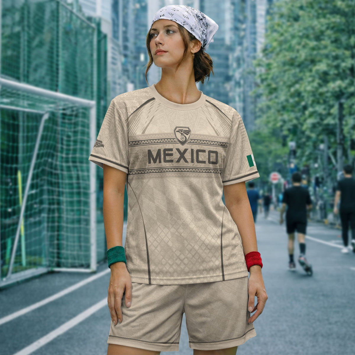 Camiseta de fútbol premium con emblema de águila azteca verde y dorado de México