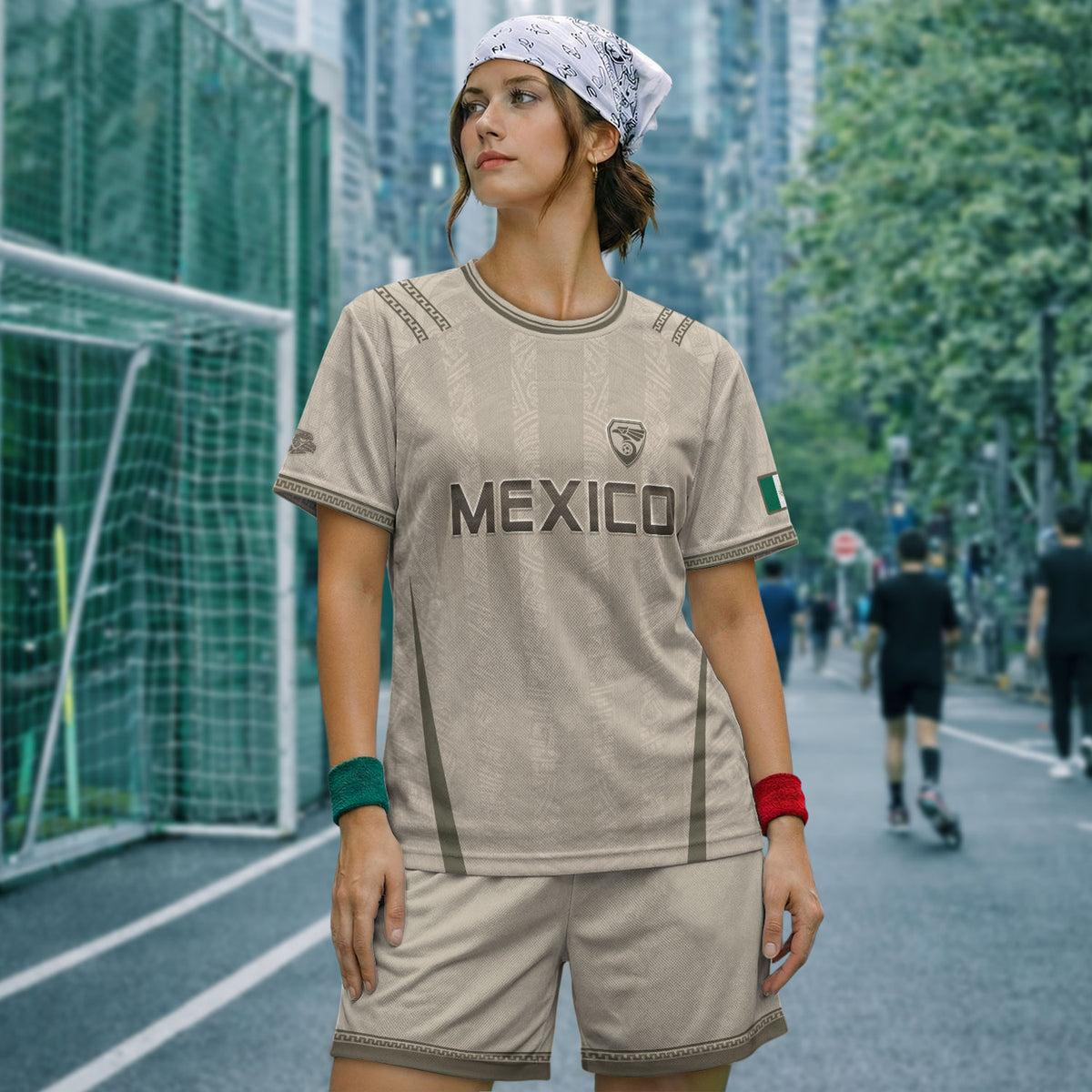 Camiseta de fútbol premium con emblema de águila azteca verde y dorado de México