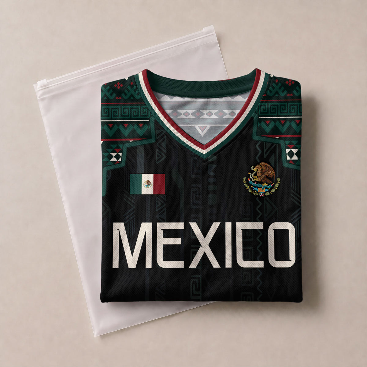Mexico Soccer Jersey Black Edition V Neck Unisex Shirt Aztec Patterned Football Top