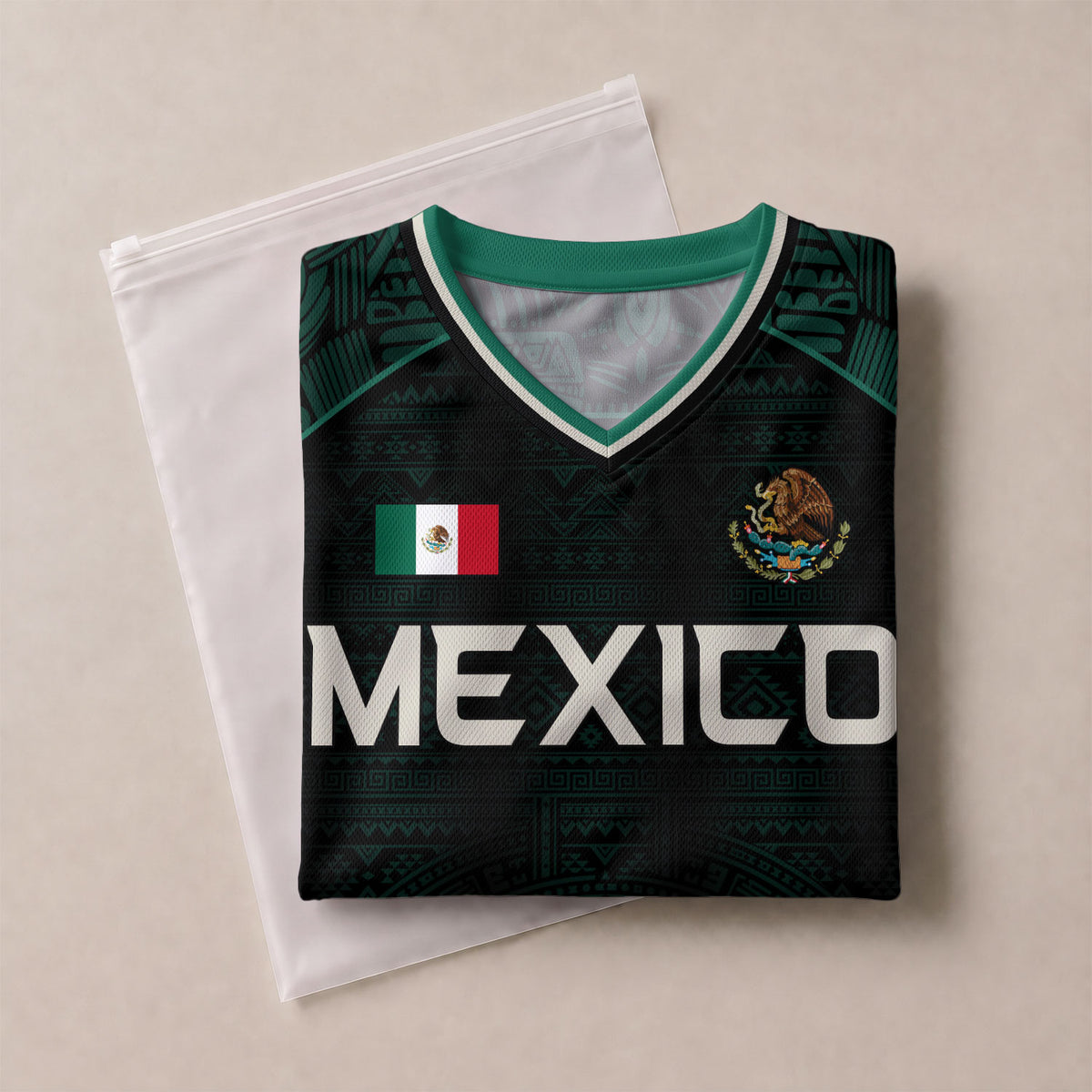 Mexico Soccer Jersey Dark Green V Neck Unisex Shirt Aztec Calendar Graphic Football Top