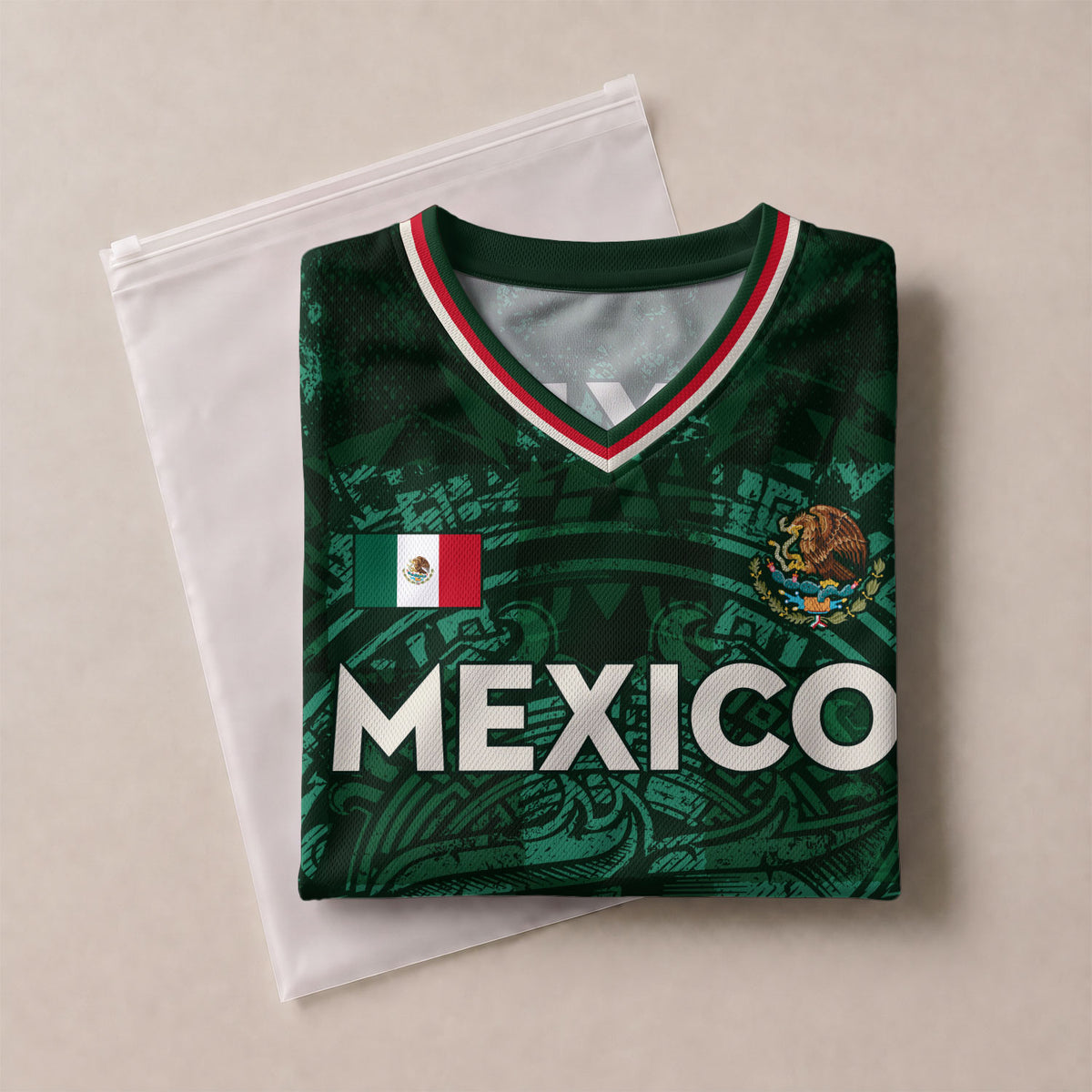 Mexico Soccer Jersey V Neck Unisex Green Shirt Aztec Warrior Eagle Pattern Football Apparel