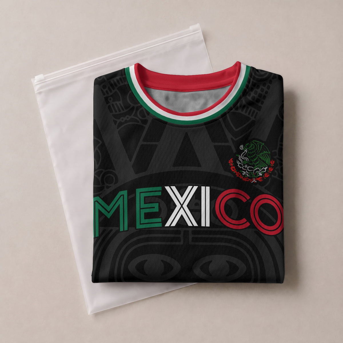 Soccer Jersey Mexico Black Aztec Pattern with Tricolor Accents