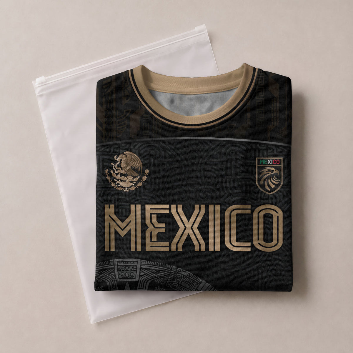 Camiseta de fútbol personalizada de México, edición dorada, calendario azteca negro